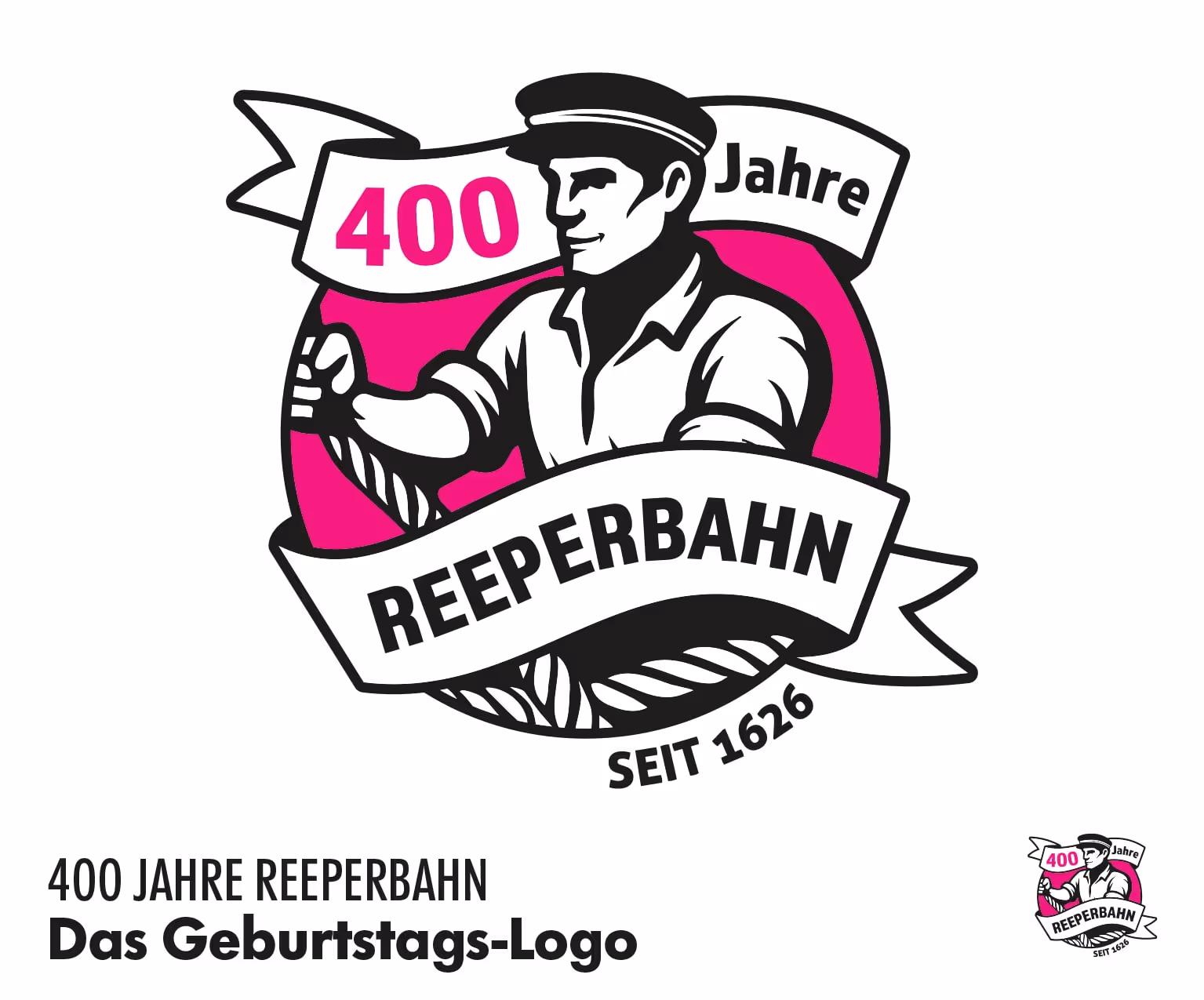 Jubiläumslogo „400 Jahre Reeperbahn“ mit stilisiertem Seemann vor pinkem Hintergrund und Schriftzug „Seit 1626“.